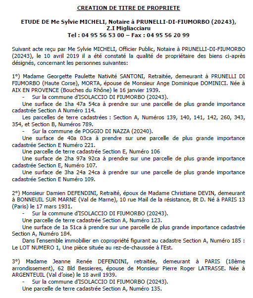 Avis de création de titre de propriété - commune de Prunelli-di-Fiumorbu (Haute-Corse)