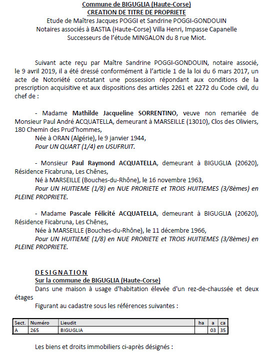 Avis de création de titre de propriété - commune de Biguglia (Haute-Corse) Avis de création de titre de propriété - commune de Biguglia (Haute-Corse)