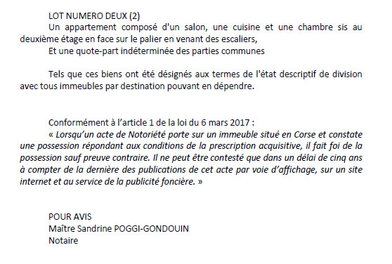 Avis de création de titre de propriété - commune de Biguglia (Haute-Corse)