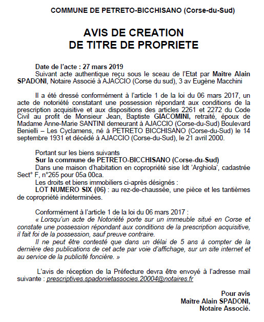 Avis de création de titre de propriété - commune de Petreto-Bicchisano (Corse-du-Sud)
