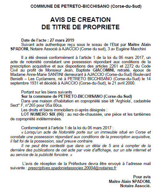 Avis De Creation De Titre De Propriete Commune De Petreto