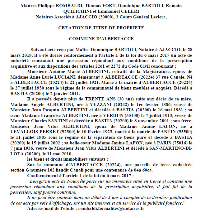 Avis de création de titre de propriété - commune d'Albertacce (Haute-Corse)