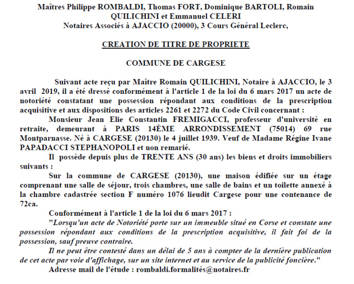 Avis de création de titre de propriété - commune de Cargese (Corse-du-Sud)