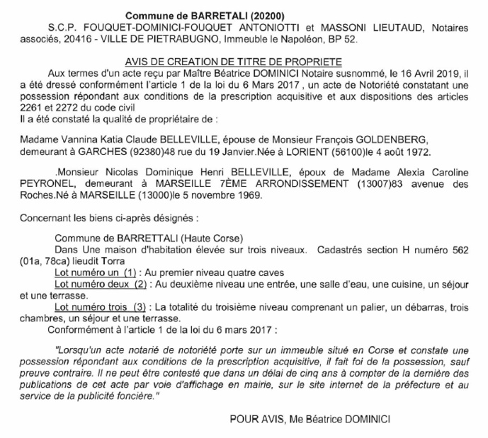 Avis de création de titre de propriété - commune de Barrettali (Haute-Corse)
