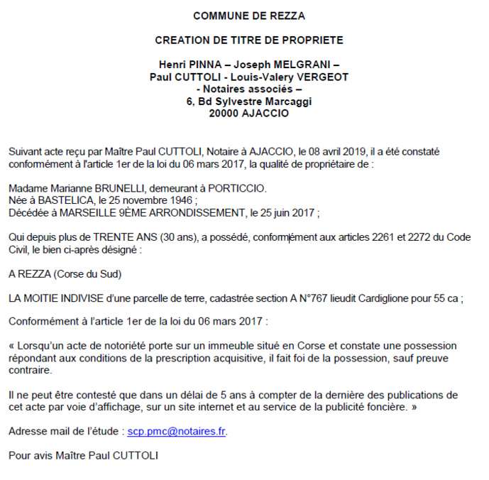 Avis de création de titre de propriété - commune de Rezza (Corse-du-Sud)