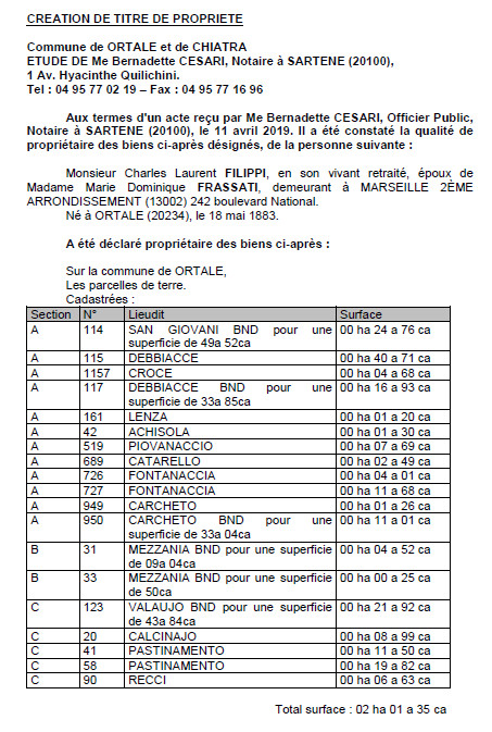 Avis de création de titre de propriété - commune de Ortale et Chiatra (Haute-Corse)