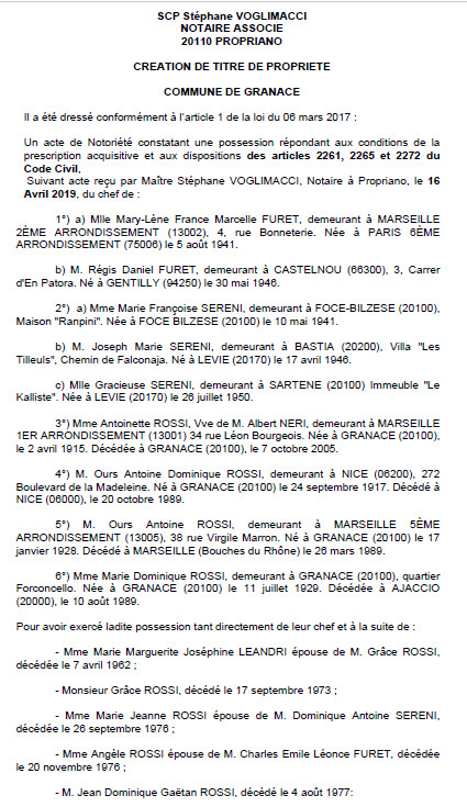 Avis de création de titre de propriété - commune de Granace (Corse-du-Sud) Avis de création de titre de propriété - commune de Granace (Corse-du-Sud)