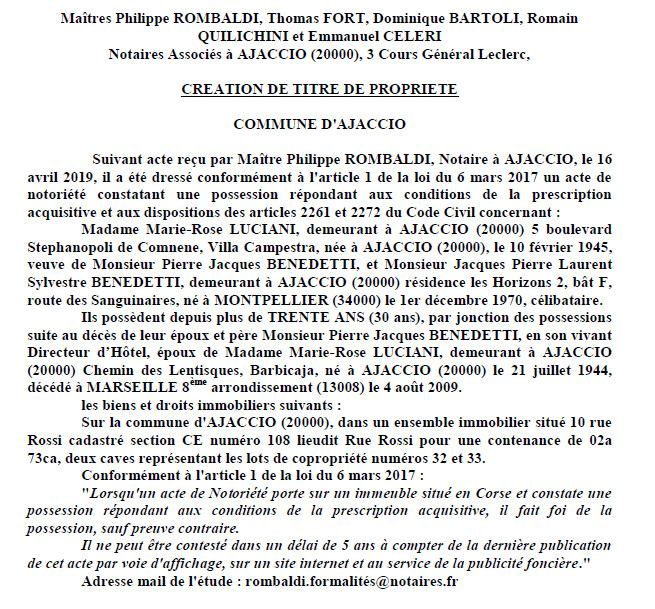 Avis de création de titre de propriété - commune d'Ajaccio (Corse-du-Sud)