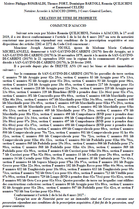 Avis de création de titre de propriété - commune d'Ajaccio (Corse-du-Sud)