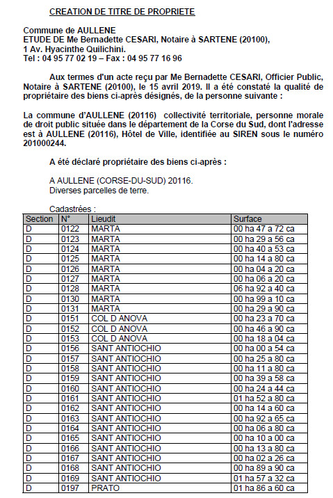 Avis de création de titre de propriété - commune d'Aullène (Corse-du-Sud) Avis de création de titre de propriété - commune d'Aullène (Corse-du-Sud)