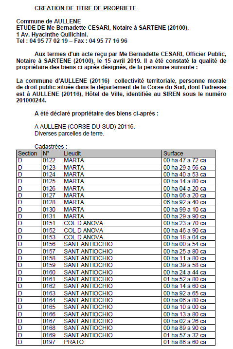 Avis de création de titre de propriété - commune d'Aullène (Corse-du-Sud)