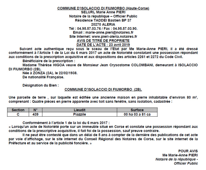 Avis de création de titre de propriété - commune d'Isolaccio di Fiumorbo (Haute-Corse)