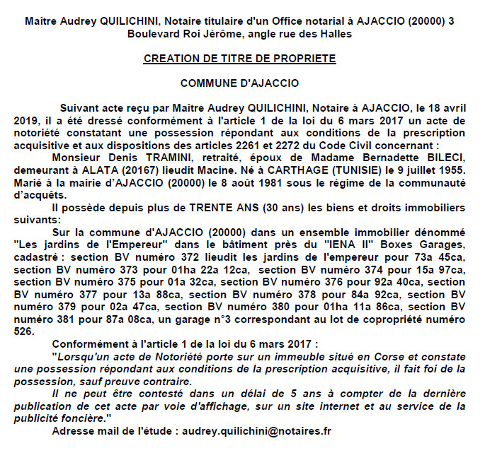Avis de création de titre de propriété - commune d'Ajaccio (Corse-du-Sud)