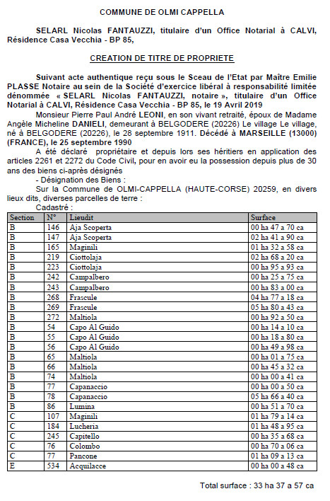 Avis de création de titre de propriété - commune de Zerubia (Corse-du-Sud)