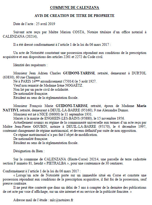Avis de création de titre de propriété - commune de Calenzana (Haute-Corse)