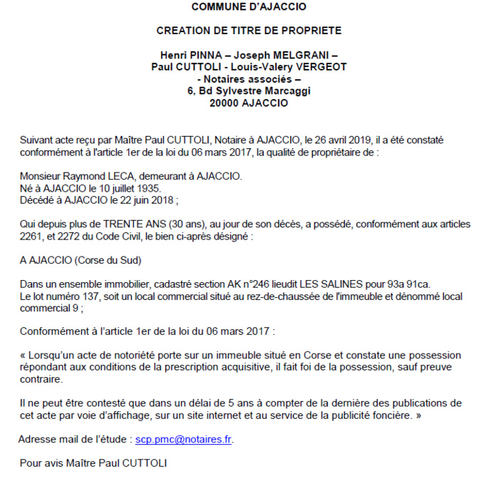 Avis de création de titre de propriété - commune d'Ajaccio (Corse-du-Sud)