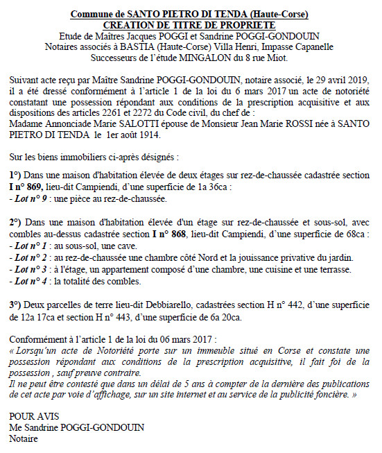 Avis de création de titre de propriété - commune de San Pietro di Tenda (Haute-Corse)