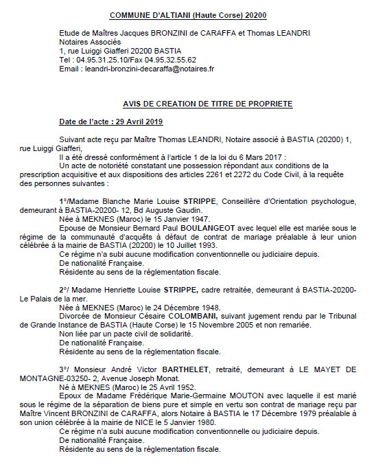 Avis de création de titre de propriété - commune d'Altiani (Haute-Corse)