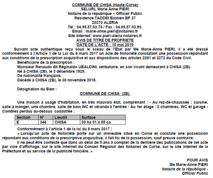 Avis de création de titre de propriété - commune de Chisa (Haute-Corse)