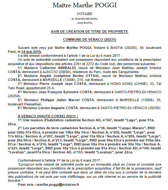 Avis de création de titre de propriété - commune de Venaco (Haute-Corse)