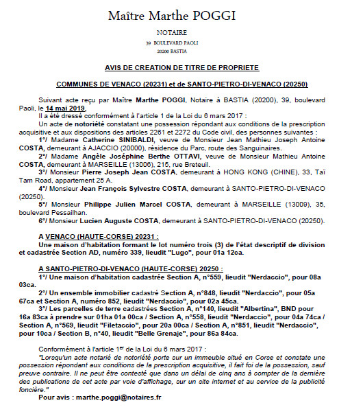 Avis de création de titre de propriété - commune de San-Pietro-di-Venaco (Haute-Corse)