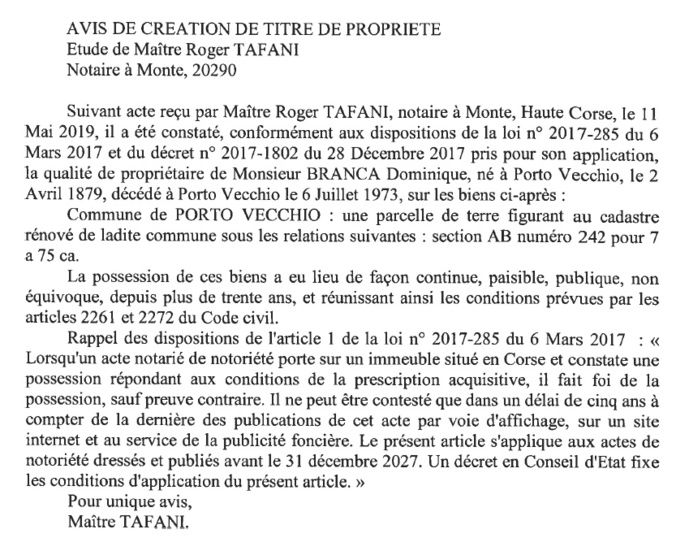 Avis de création de titre de propriété - commune de Porto-Vecchio (Corse-du-Sud)
