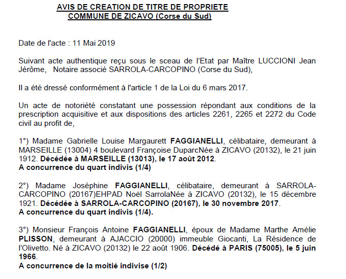 Avis de création de titre de propriété - commune de Zicavo (Corse-du-Sud)