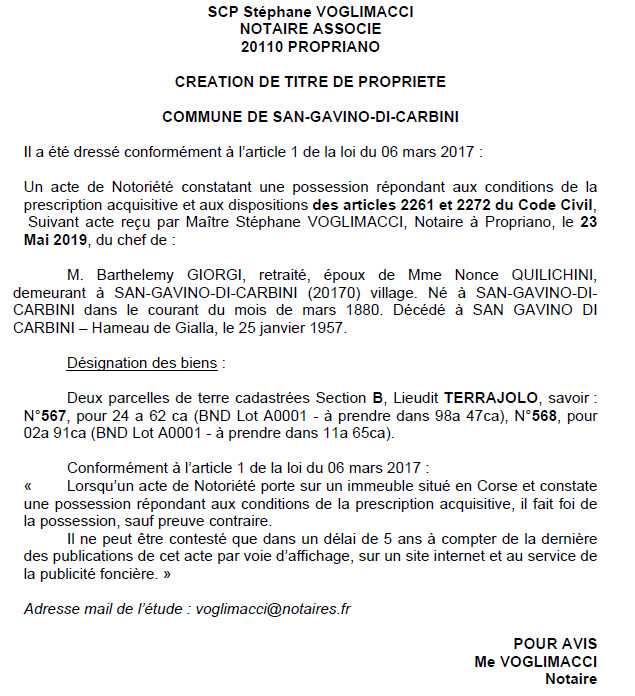 Avis de création de titre de propriété - commune de San Gavinu di Carbinu (Corse-du-Sud)