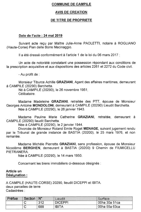 Avis de création de titre de propriété - commune de Campile (Haute-Corse)