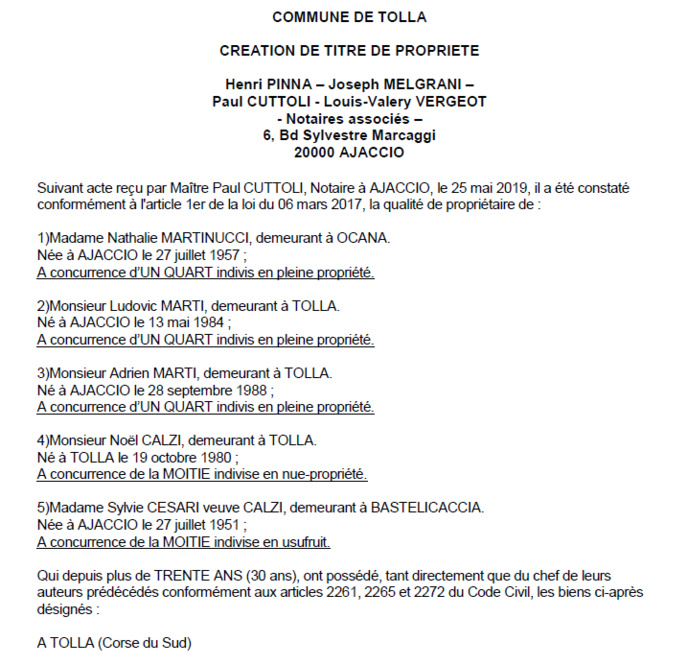 Avis de création de titre de propriété - commune de Tolla (Corse-du-Sud)