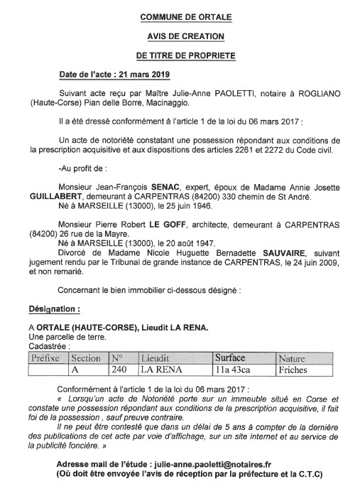 Avis de création de titre de propriété - commune d'Ortale (Haute-Corse)