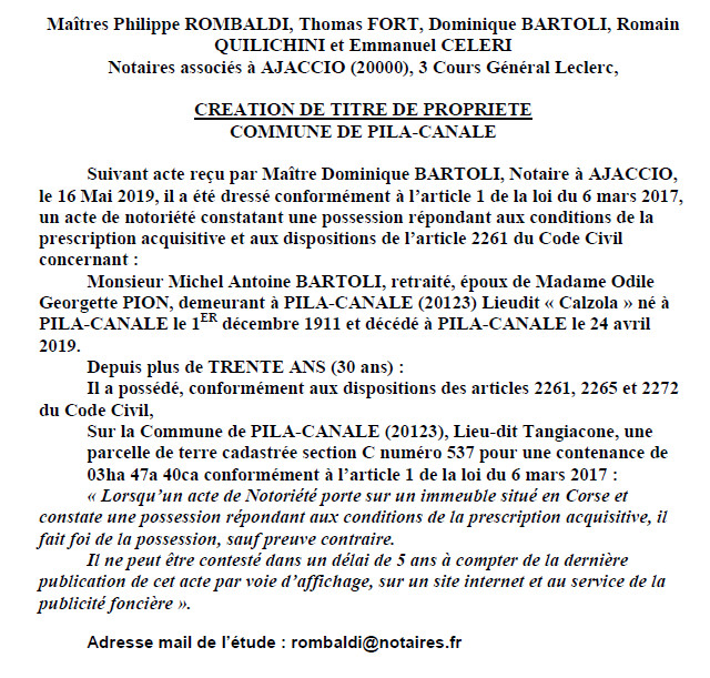 Avis de création de titre de propriété - commune de Pila-Canale (Corse-du-Sud)