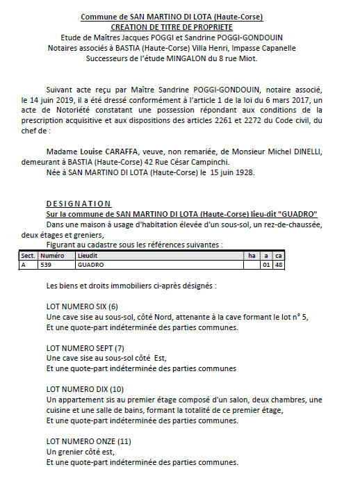 Avis de création de titre de propriété - commune de San-Martino-di-Lota (Haute-Corse)