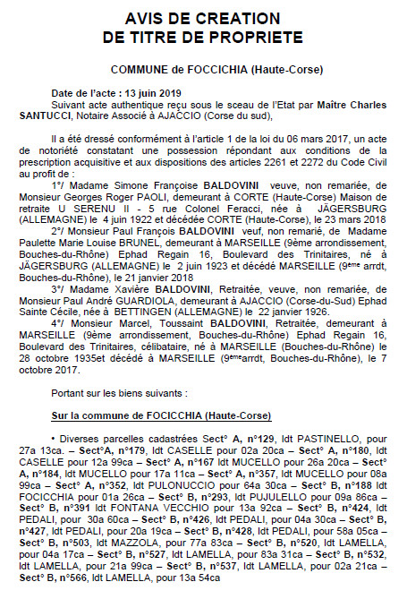 Avis de création de titre de propriété - commune de Foccichia (Haute-Corse)