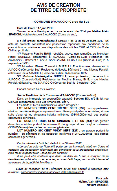 Avis de création de titre de propriété - commune d'Ajaccio (Corse-du-Sud)