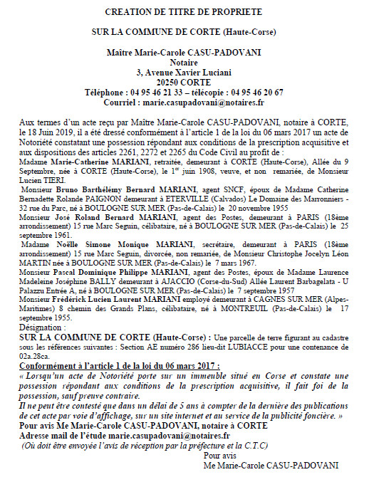 Avis de création de titre de propriété - commune de Corte (Haute-Corse)