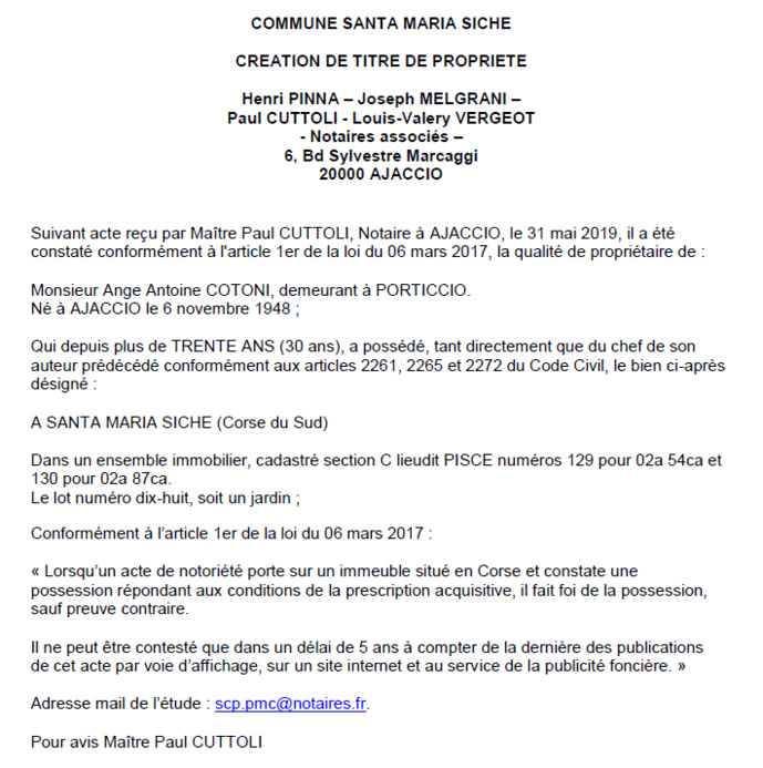 Avis de création de titre de propriété - commune de Santa Maria di Siche (Corse-du-Sud) Avis de création de titre de propriété - commune de Santa Maria di Siche (Corse-du-Sud)