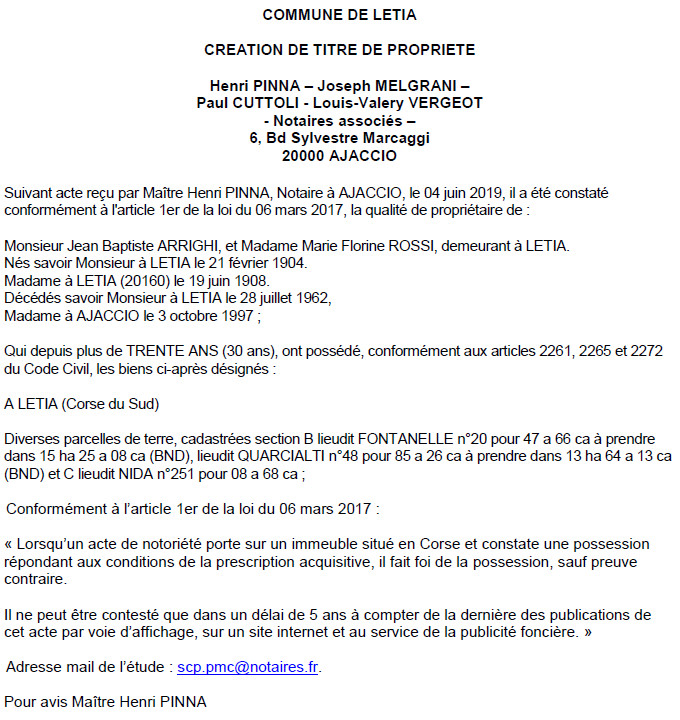 Avis de création de titre de propriété - commune de Letia (Corse-du-Sud)