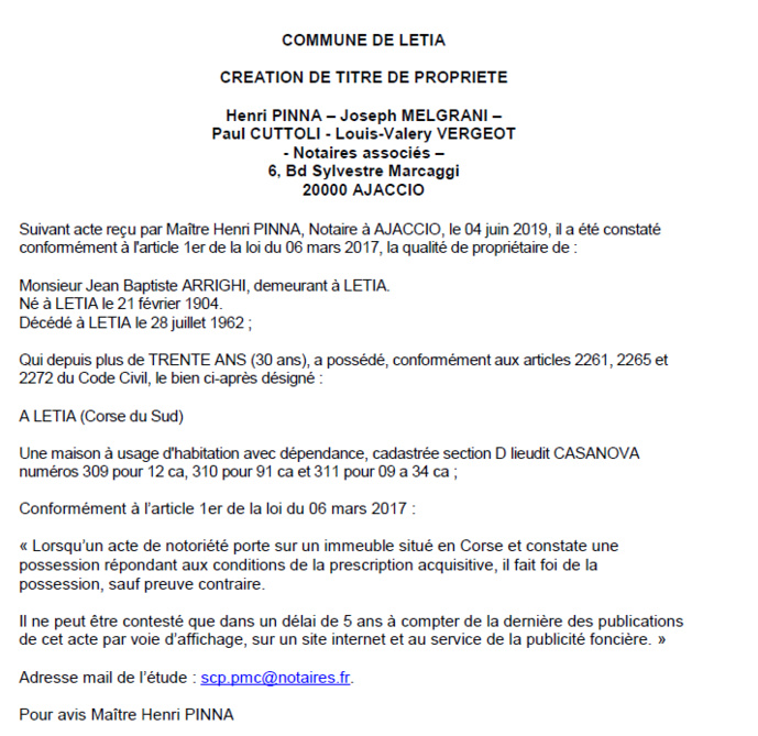 Avis de création de titre de propriété - commune de Letia (Corse-du-Sud)