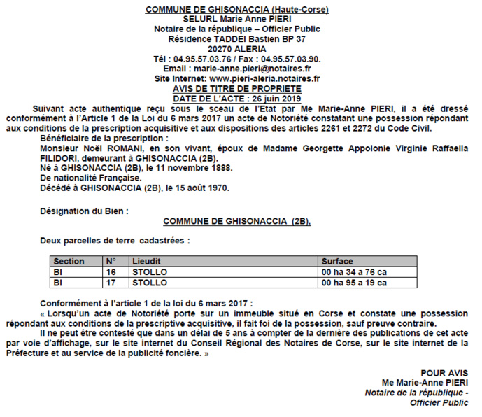 Avis de création de titre de propriété - commune de Ghisonaccia (Haute-Corse)