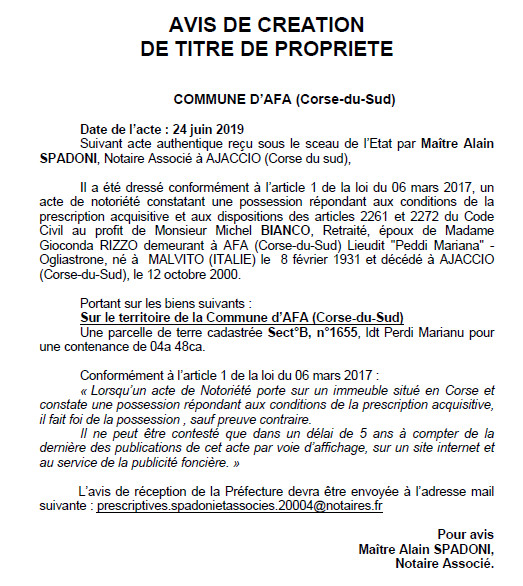 Avis de création de titre de propriété - commune d'Afa (Corse-du-Sud)