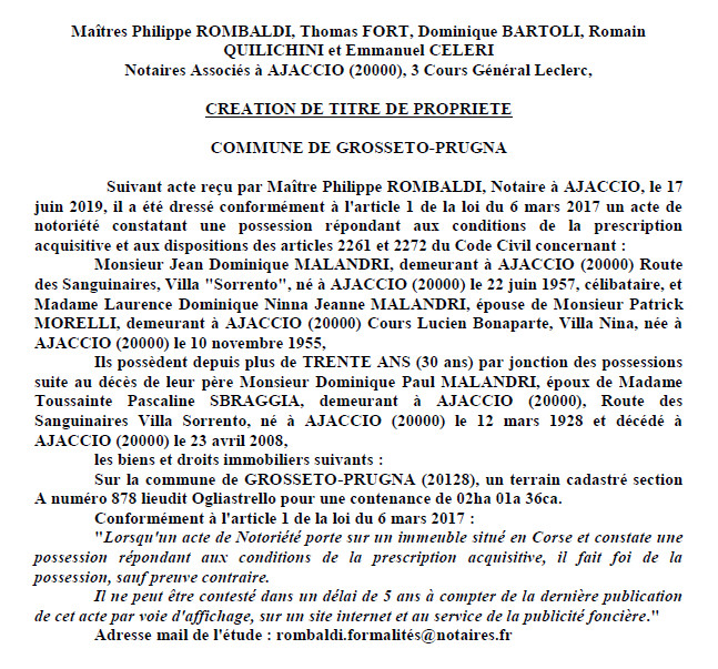 Avis de création de titre de propriété - commune de Grosseto-Prugna (Corse-du-Sud)