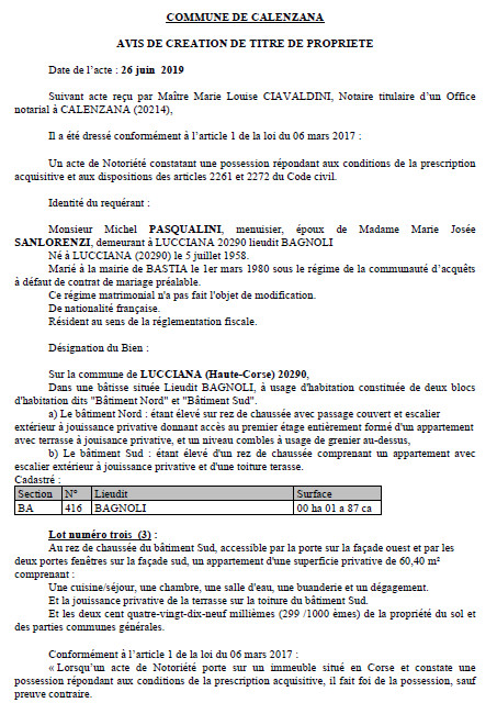 Avis de création de titre de propriété - commune de Calenzana (Haute-Corse)