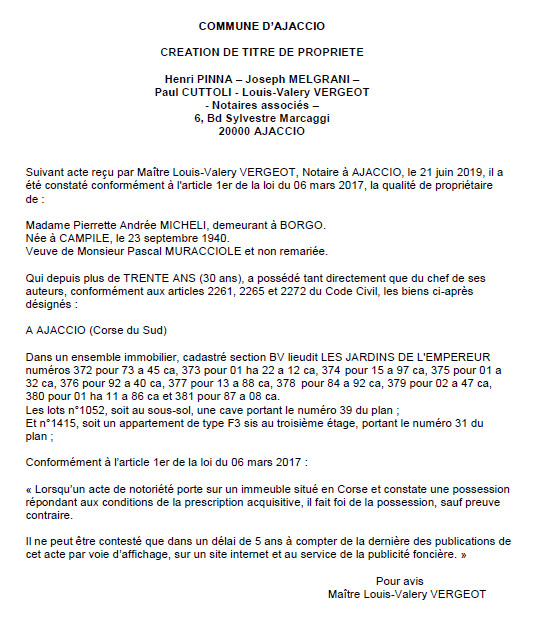 Avis de création de titre de propriété - commune d'Ajaccio (Corse-du-Sud)
