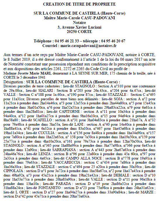 Avis de création de titre de propriété - commune de Castirla (Haute-Corse)