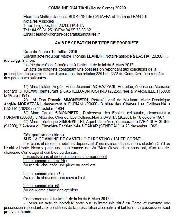Avis de création de titre de propriété - commune d'Altiani (Haute-Corse)