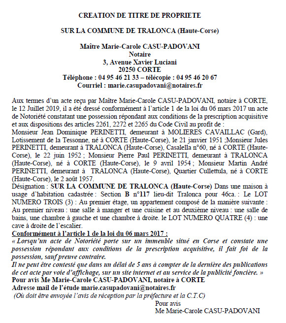 Avis de création de titre de propriété - commune de Tralonca (Haute-Corse)