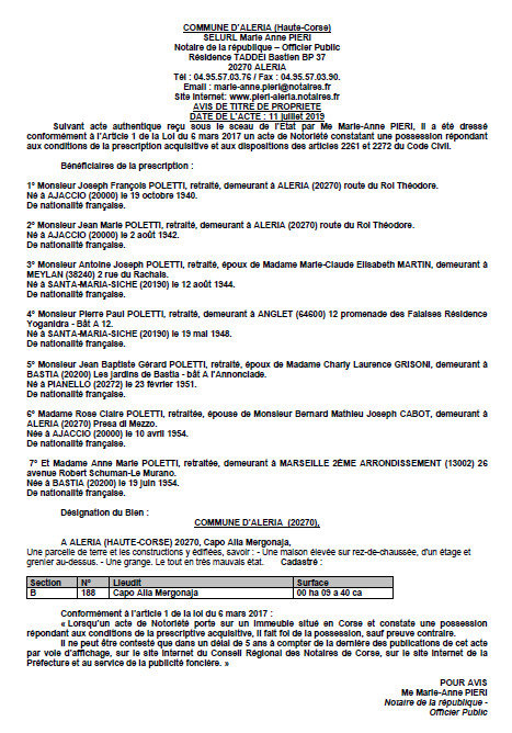 Avis de création de titre de propriété - commune d'Aleria (Haute-Corse) Avis de création de titre de propriété - commune d'Aleria (Haute-Corse)