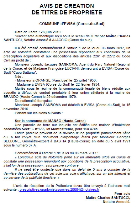 Avis de création de titre de propriété - commune d'Evisa (Corse-du-Sud)