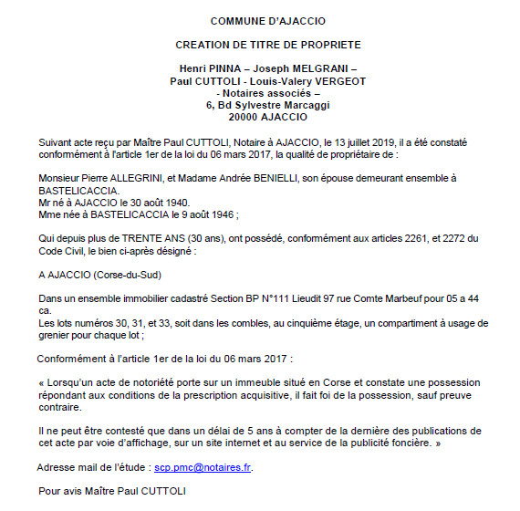 Avis de création de titre de propriété - commune d'Ajaccio (Corse-du-Sud)